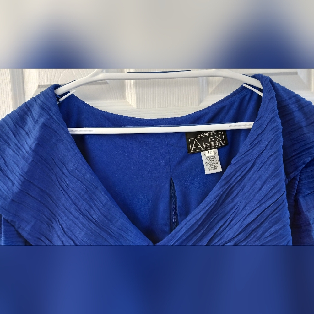 Alex Evenings Royal Blue Textured Short Sleeve Blouse with Brooch Accent - Picture 3 of 11